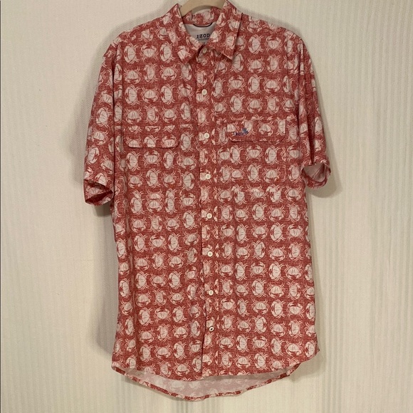 Izod Saltwater Shirt Button Down Short Sleeve Red White Crab Size Large Tall - Picture 1 of 9